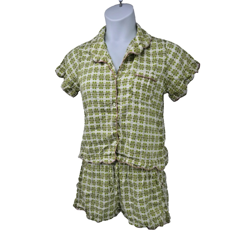 Brooks Avenue Scalloped Cotton Pajama Set Floral Green pink trim preppy coquette